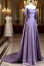 Simple A Line Strapless Sleeveless Satin Lilac Evening Prom Dress Long Evening Prom Dress