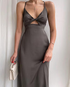 Simple A Line Straps Long Slit Dark Blue Classy Prom Dress