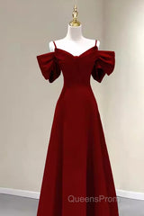 Simple A Line Straps Red Satin Long Evening Prom Dress