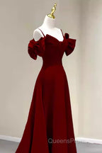 Simple A Line Straps Red Satin Long Evening Prom Dress