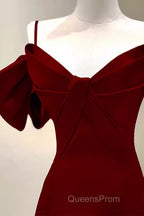 Simple A Line Straps Red Satin Long Evening Prom Dress