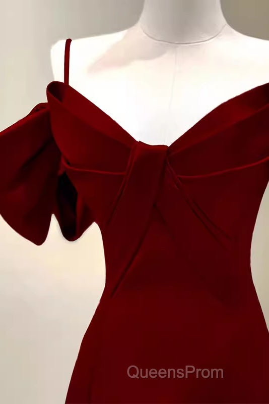 Simple A Line Straps Red Satin Long Evening Prom Dress