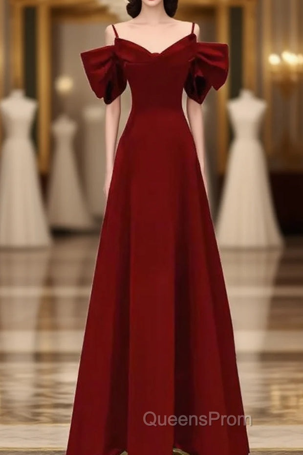 Simple A Line Straps Red Satin Long Evening Prom Dress Main image