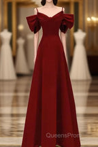 Simple A Line Straps Red Satin Long Evening Prom Dress