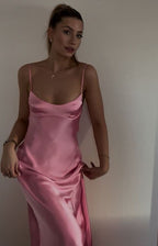 Simple A Line Straps Sleeveless Party Dress Silk Satin Pink Classy Prom Dress