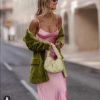 Simple A Line Straps Sleeveless Party Dress Silk Satin Pink Classy Prom Dress