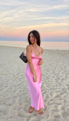 Simple A Line Straps Sleeveless Party Dress Silk Satin Pink Classy Prom Dress