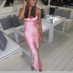 Simple A Line Straps Sleeveless Party Dress Silk Satin Pink Classy Prom Dress