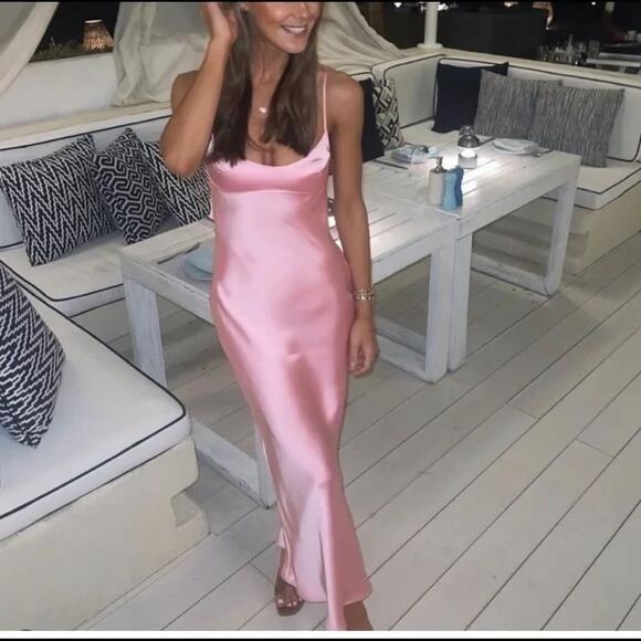 Simple A Line Straps Sleeveless Party Dress Silk Satin Pink Classy Prom Dress
