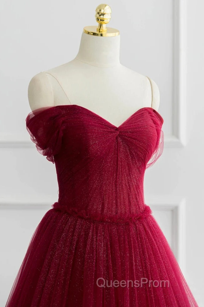 Simple A-Line Tulle Burgundy Long Evening Prom Dress