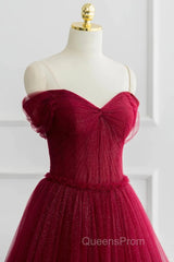 Simple A-Line Tulle Burgundy Long Evening Prom Dress
