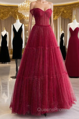 Simple A-Line Tulle Burgundy Long Evening Prom Dress