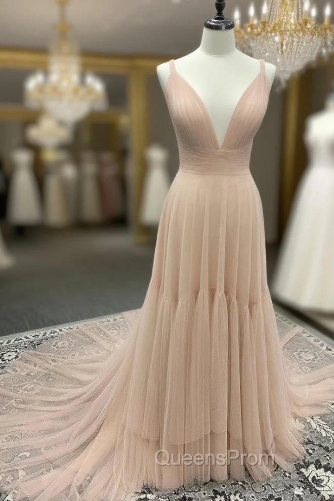 Simple A Line Tulle Champagne Long Evening Prom Dress, Champagne Evening Dress Main image