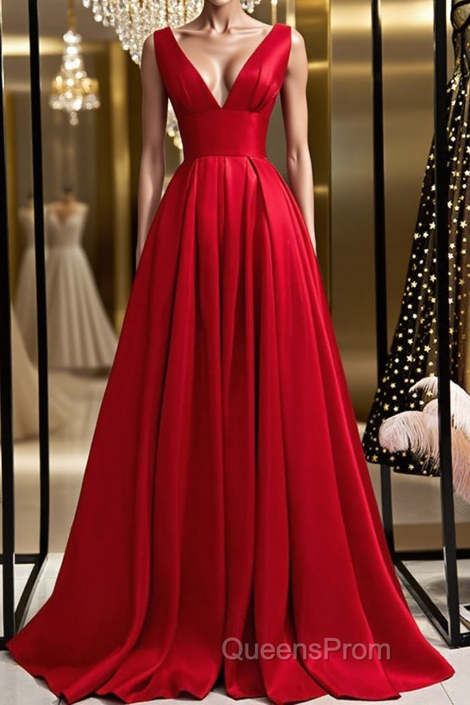 Simple A Line V Neck and V Back Red Satin Long Evening Prom Dress, Cheap V Neck Red Formal Graduation Evening Dress Main image
