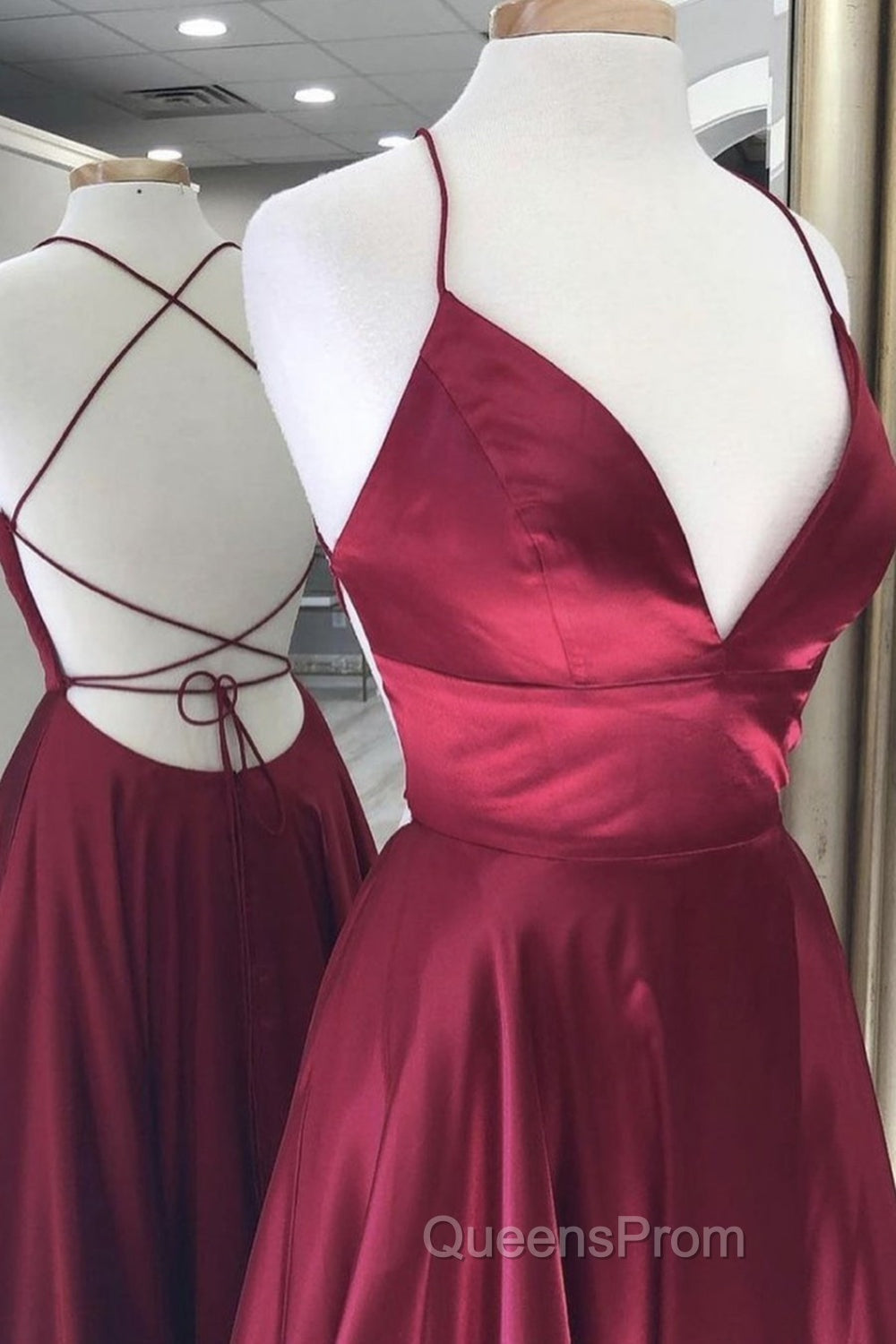 Simple A Line V Neck Backless Burgundy Long Evening Prom Dress, Backless Burgundy Formal Graduation Evening Dress Secondary image