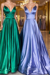 Simple A Line V Neck Emerald Green Blue Long Evening Prom Dress, Simple Satin Long Formal Evening Dress