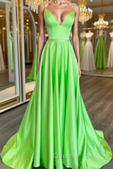 Simple A Line V Neck Green Satin Long Evening Prom Dress, V Neck Green Formal Graduation Evening Dress