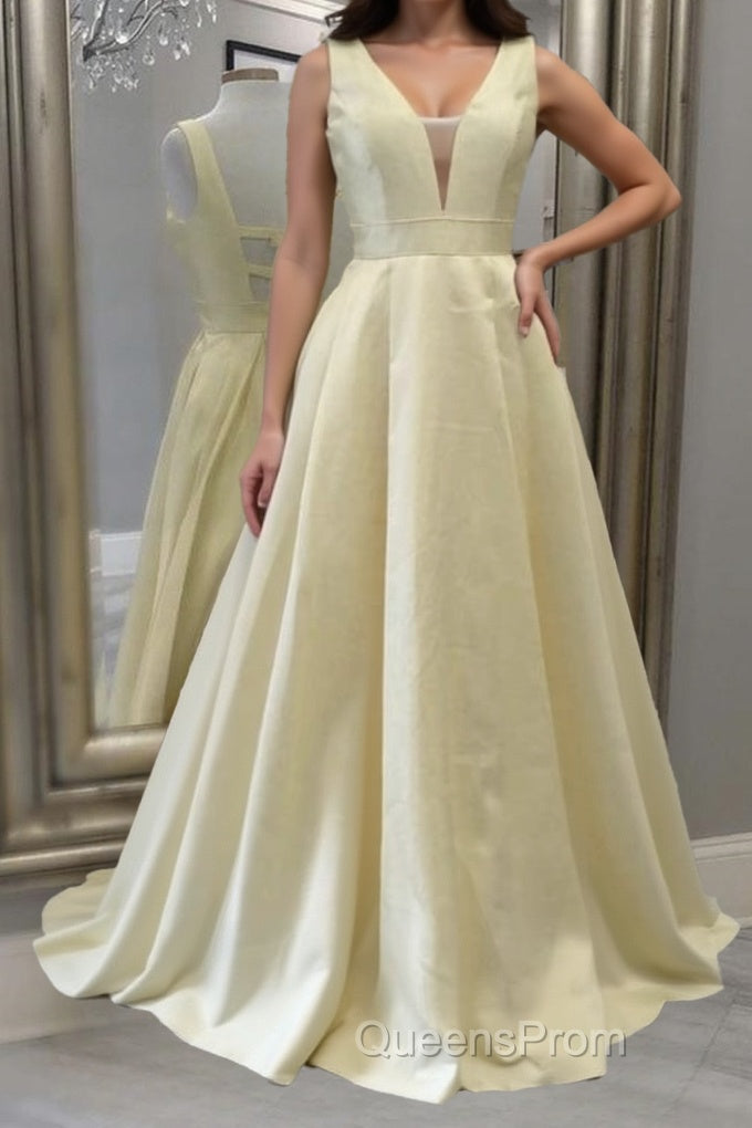 Simple A Line V Neck Open Back Yellow Long Evening Prom Dress, Yellow Formal Evening Dress