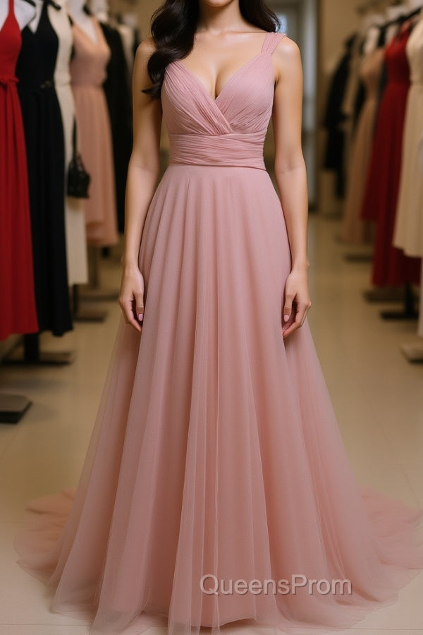 Simple A Line V Neck Pink Tulle Long Evening Prom Dress Bridesmaid Dress, V Neck Pink Formal Dress, Pink Evening Dress Main image