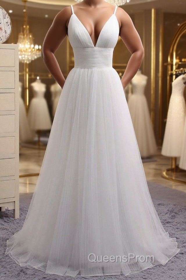 Simple A Line V Neck White Wedding Dress, V Neck White Tulle Evening Prom Formal Dress Main image