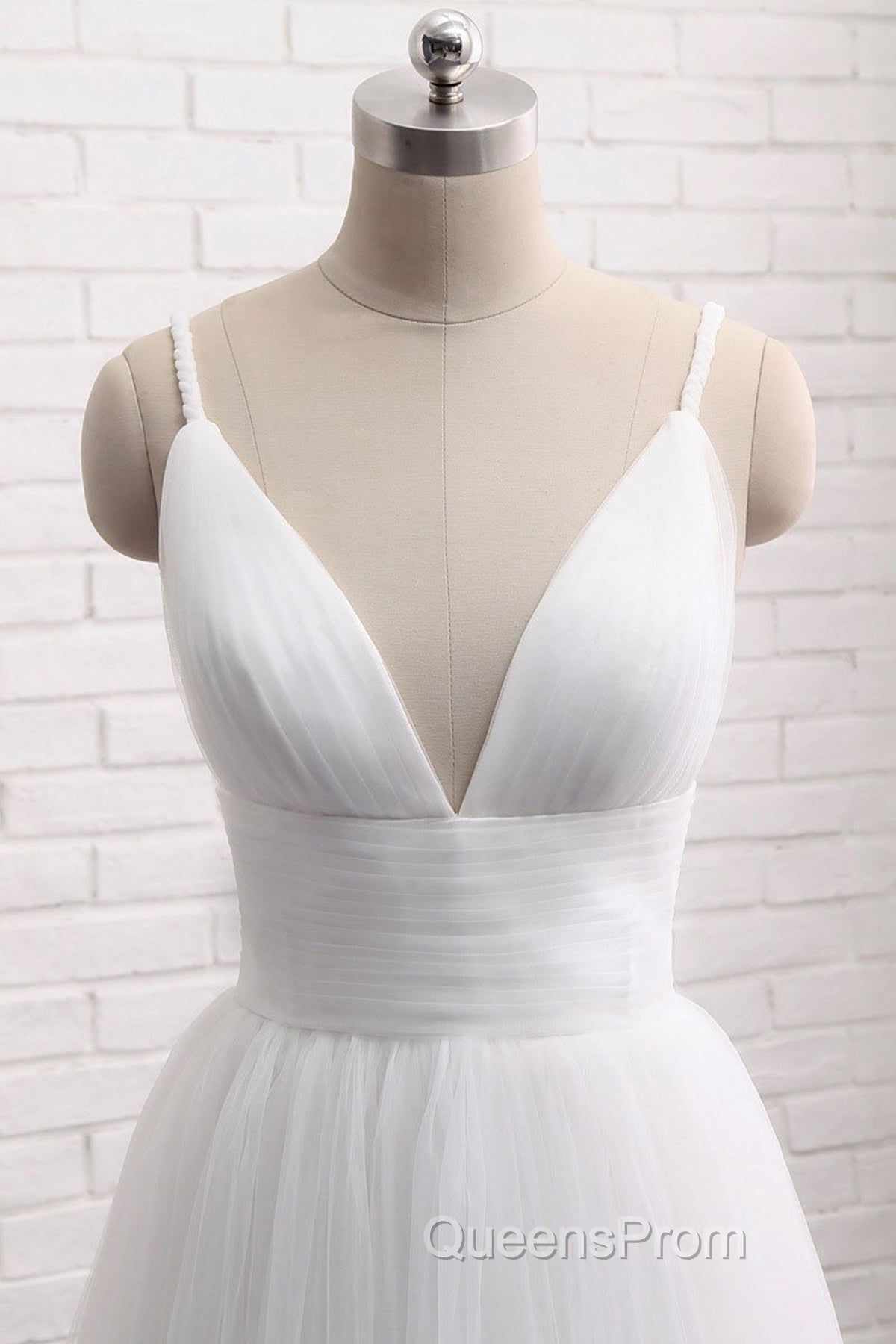 Simple A Line V Neck White Wedding Dress, V Neck White Tulle Evening Prom Formal Dress Secondary image