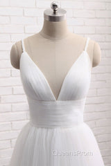 Simple A Line V Neck White Wedding Dress, V Neck White Tulle Evening Prom Formal Dress