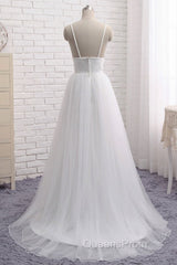 Simple A Line V Neck White Wedding Dress, V Neck White Tulle Evening Prom Formal Dress