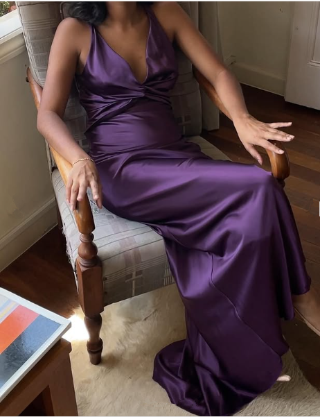Simple A-Line V Neckline Grape Satin Long Classy Prom Dress Classy Evening Dress