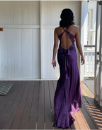 Simple A-Line V Neckline Grape Satin Long Classy Prom Dress Classy Evening Dress