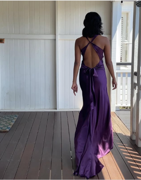 Simple A-Line V Neckline Grape Satin Long Classy Prom Dress Classy Evening Dress