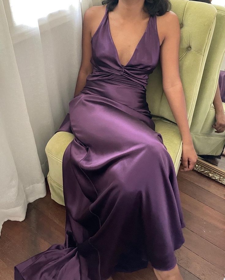 Simple A-Line V Neckline Grape Satin Long Classy Prom Dress Classy Evening Dress Main image