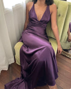 Simple A-Line V Neckline Grape Satin Long Classy Prom Dress Classy Evening Dress
