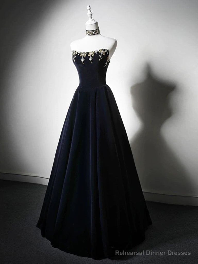 Simple A-Line Velvet Dark Blue Long Prom Dress with Beads Secondary image