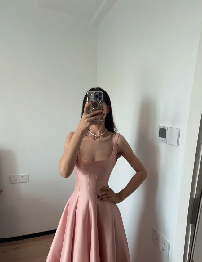 Simple And Elegant Pink A-Line Square Neck Halter Satin Classy Prom Dress