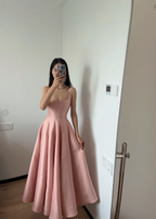 Simple And Elegant Pink A-Line Square Neck Halter Satin Classy Prom Dress