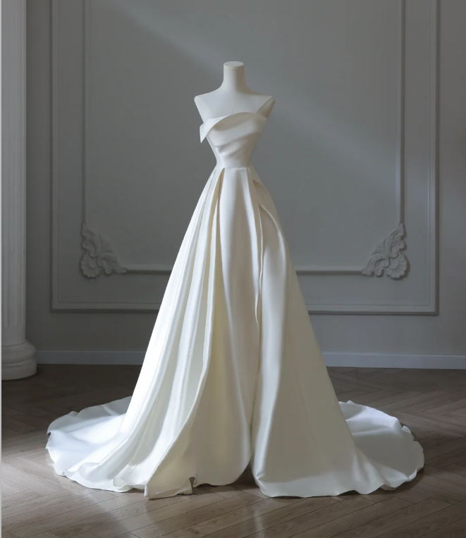 Simple And Elegant White Satin A-Line Wedding Dress Main image