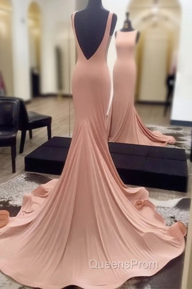 Simple Backless Mermaid Pink Evening Prom Dress For Teens, Pink Evening Dress Main image