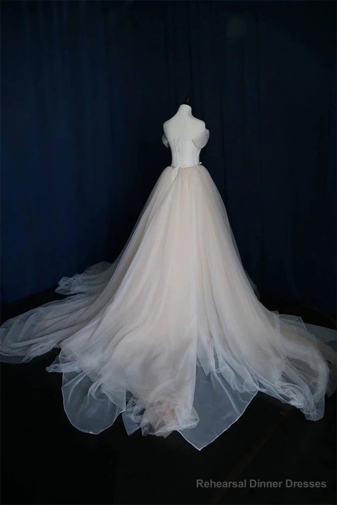 Simple Ball Gown Lace-up Ivory Tulle Off-the-shoulder Wedding Party Dress, Ivory Formal Dress Secondary image