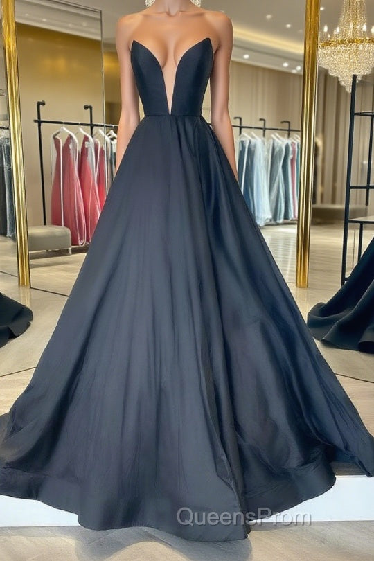 Simple black satin long Evening Prom Dress, black evening Dress Main image