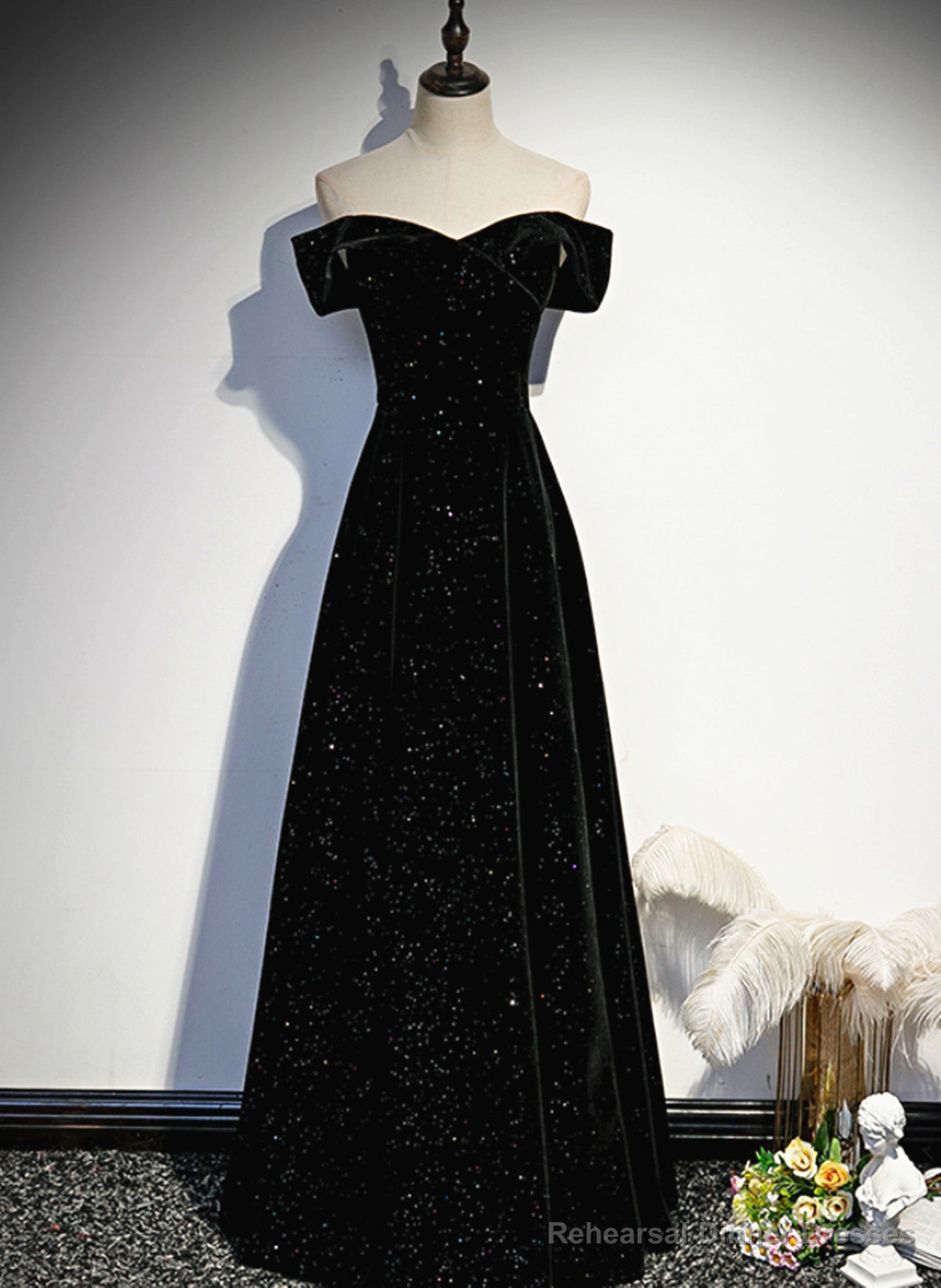 Simple Black Sweetheart Off Shoulder Long Velvet Prom Dress, Black Evening Dress Main image