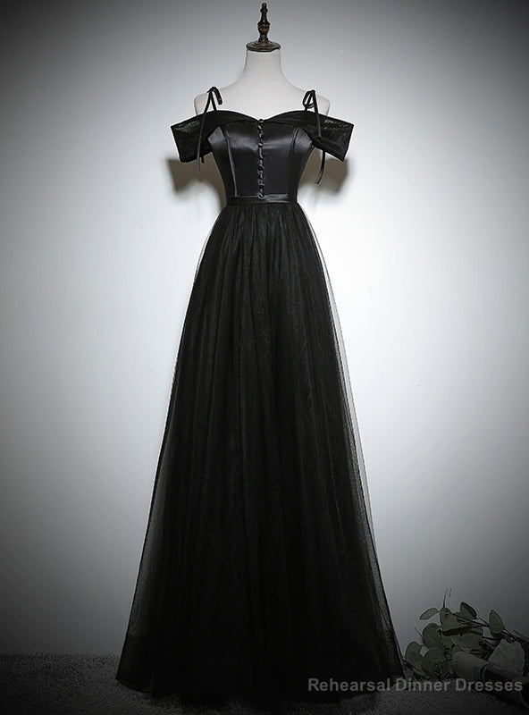 Simple Black Tulle Satin Spaghetti Straps Button Prom Dress Main image