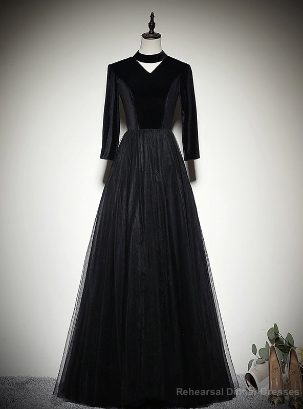 Simple Black Tulle Velvet Short Sleeve Prom Dress Main image