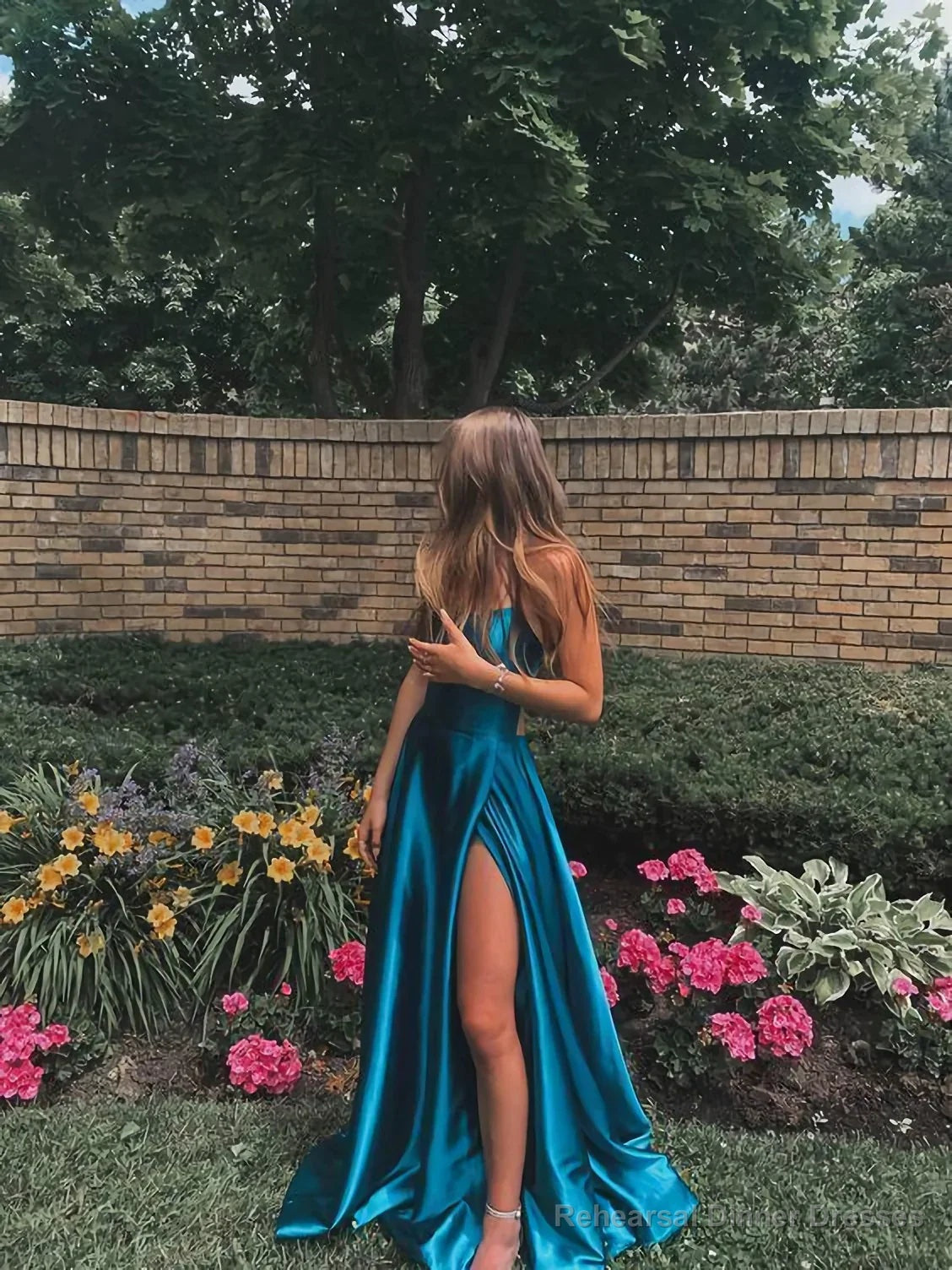Simple Blue A-Line Satin Sleeveless Prom Dresses,Long Evening Party Dresses Main image
