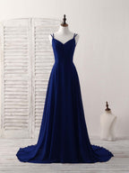 Simple Blue Chiffon Long Prom Dress Backless Blue Evening Dress