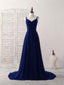 Simple Blue Chiffon Long Prom Dress Backless Blue Evening Dress