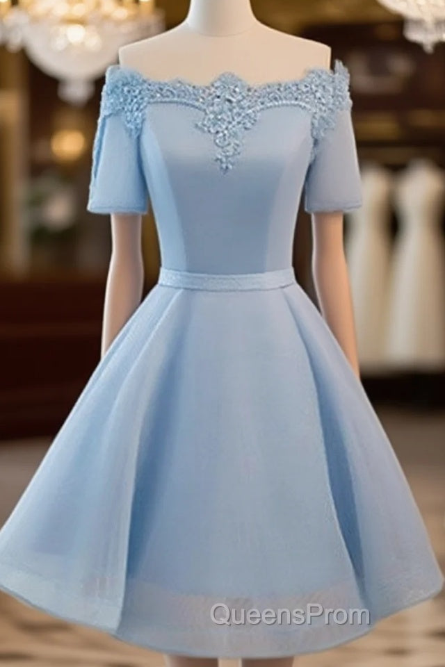 Simple Blue Lace Short Evening Prom Dress, Bridesmaid Dress Main image