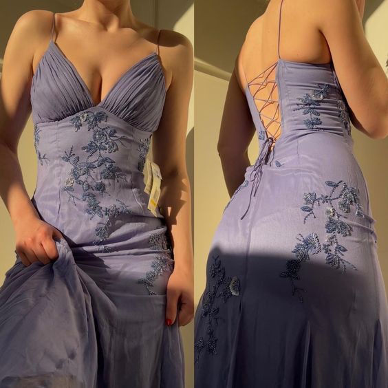 Simple Blue Spaghetti Straps Long Backless Classy Prom Dress