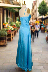 Simple Blue Spaghetti Straps Long Prom Dresses with Split