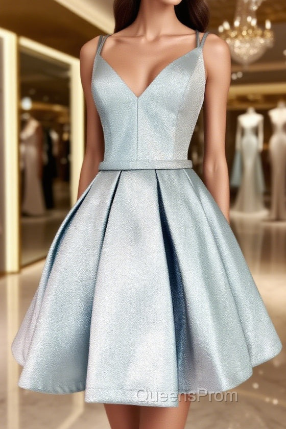 Simple blue v neck satin short Evening Prom Dress, blue homecoming Dress Main image