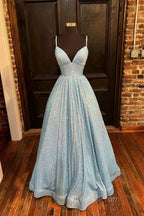 Simple Blue V Neck Sequin Long Evening Prom Dress,A Line Blue Evening Dress